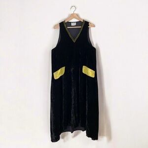 Vintage 90s Toots Pierre Velvet Shift Dress Midi Maxi Black Chartreuse M/L